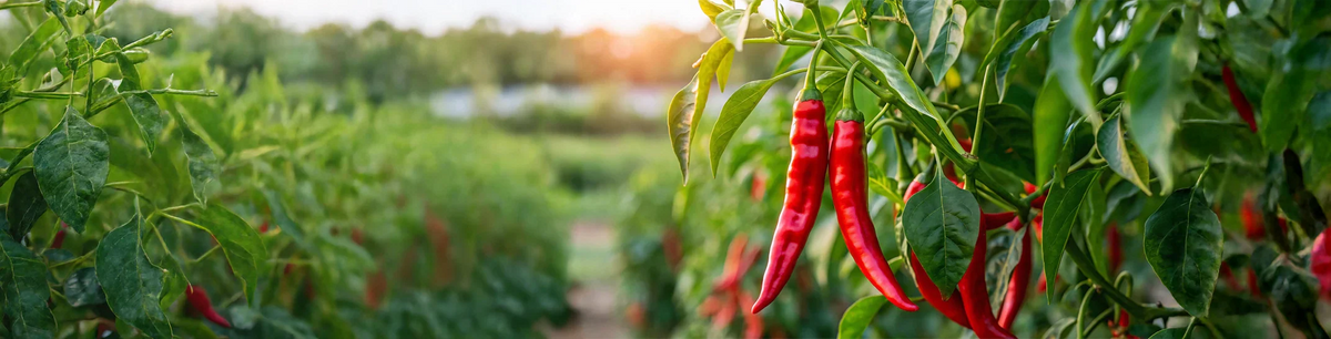 Rows of green chili plants with long, red ripe chilies hanging, under sunlight, in a neatly organized pepper patch.