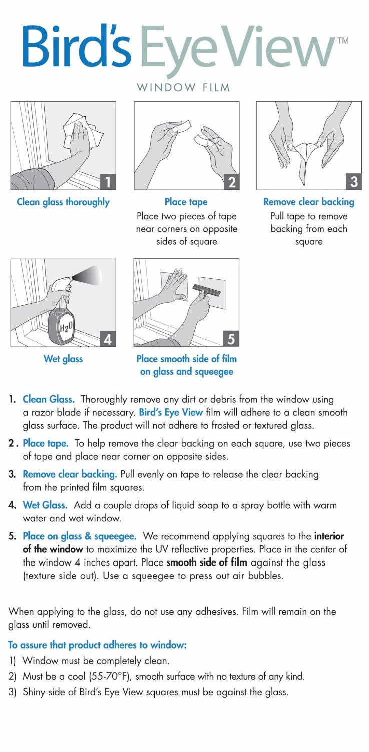 6 x 6 Clear and Etched Bird Deflector, Pack of 4, shown being applied to a window to prevent bird collisions, with instructions included.