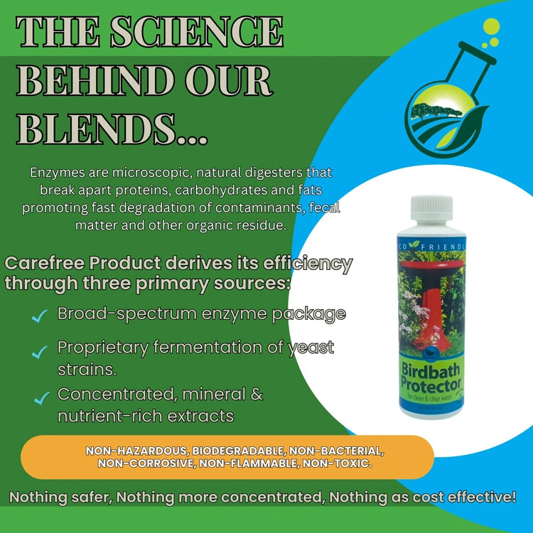 Advertisement for a product with text about enzymes and its benefits, featuring a bottle of 'Birdbath Protector' on a green and blue background.