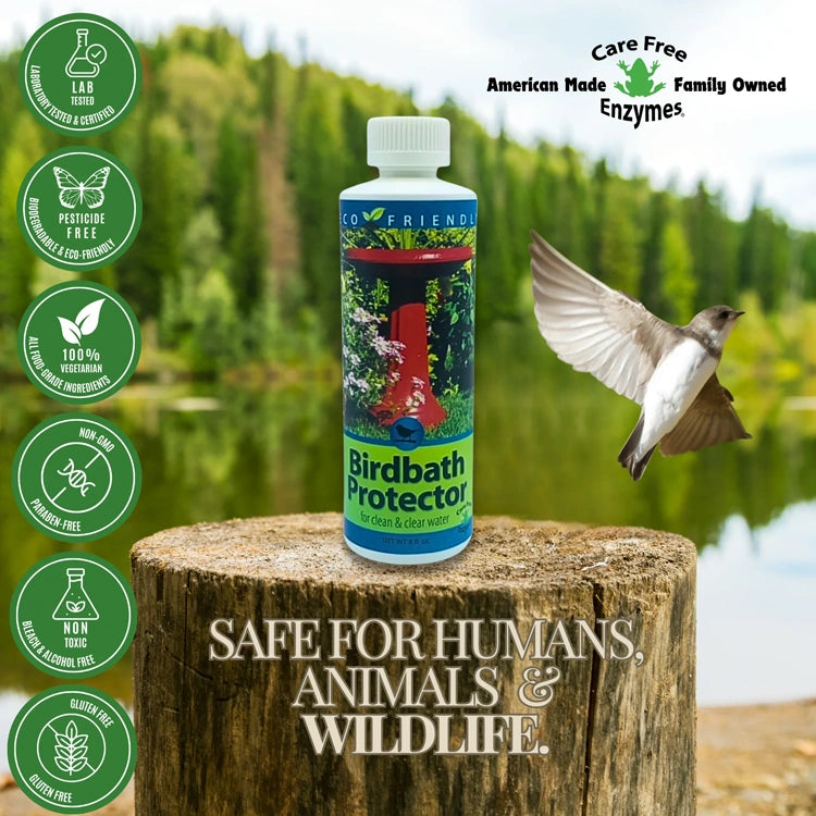 Birdbath Protector bottle on a log with a bird flying, surrounded by nature.