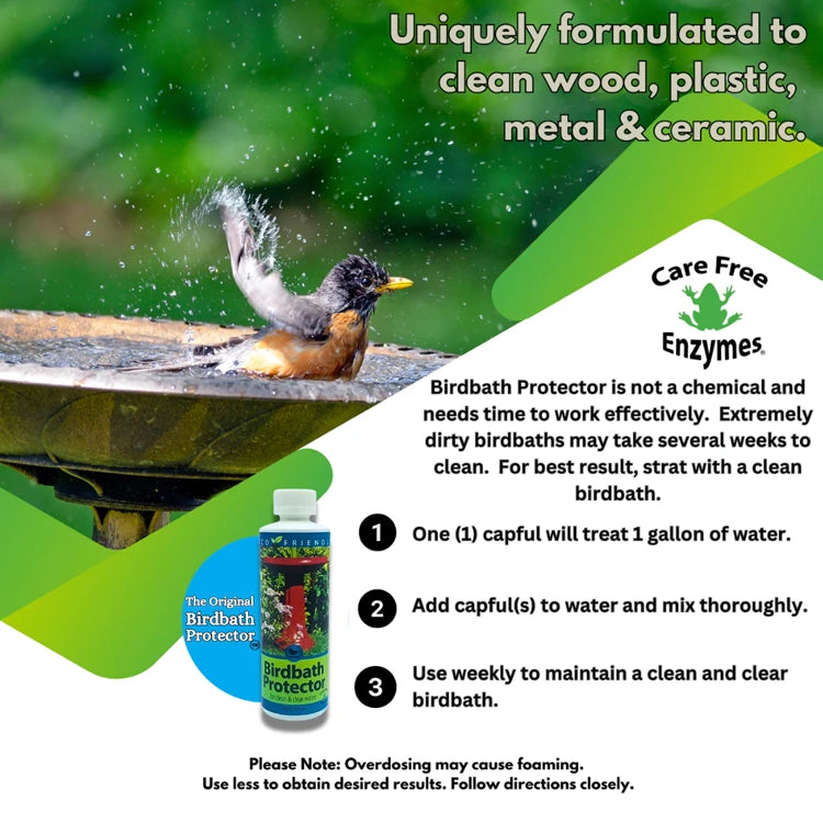 Advertisement for Care Free Enzymes Birdbath Protector with a bird cleaning itself in a birdbath.