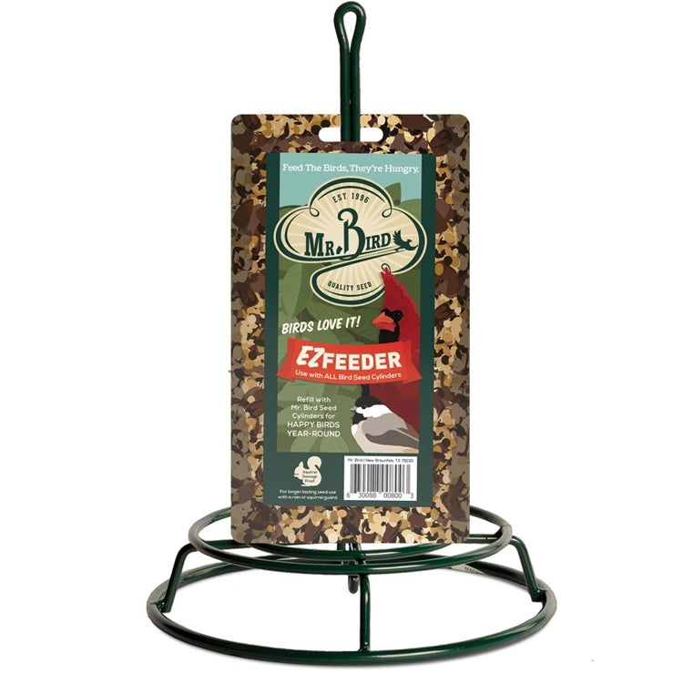 EZ Wire Seed Log Feeder with an advertising sheet for a bird seed log, featuring multiple perching options for easy bird attraction and a durable, forest green powder-coated finish.
