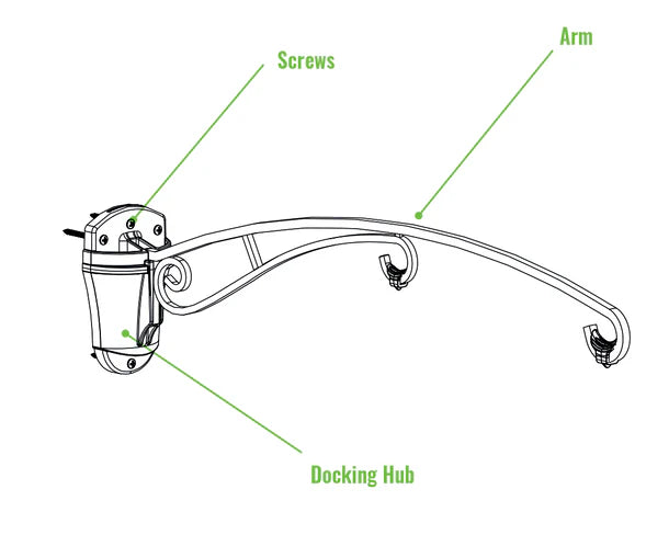 Brome BirdsUP 25 Hanging Bracket assembly drawing showing the wall-mounted docking hub, securing screws, and the curved arm with dual hooks for hanging items.