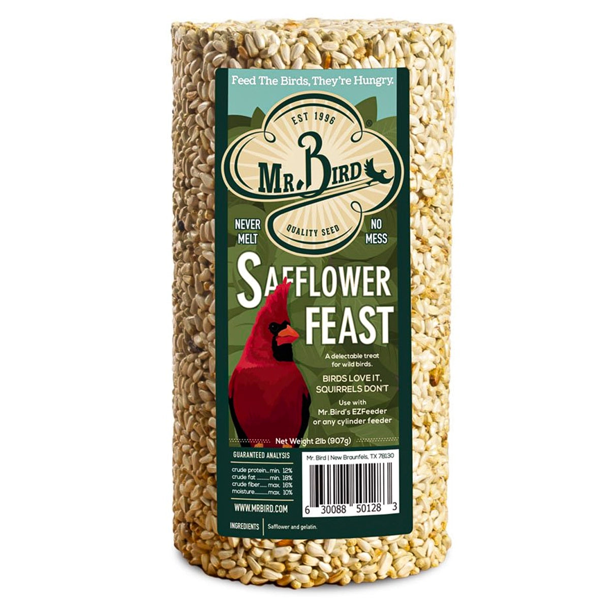 Safflower Feast Cylinder Small: A cylindrical seed cake for wild birds, primarily safflower seed, designed to attract cardinals and deter squirrels. Ideal for year-round bird feeding.