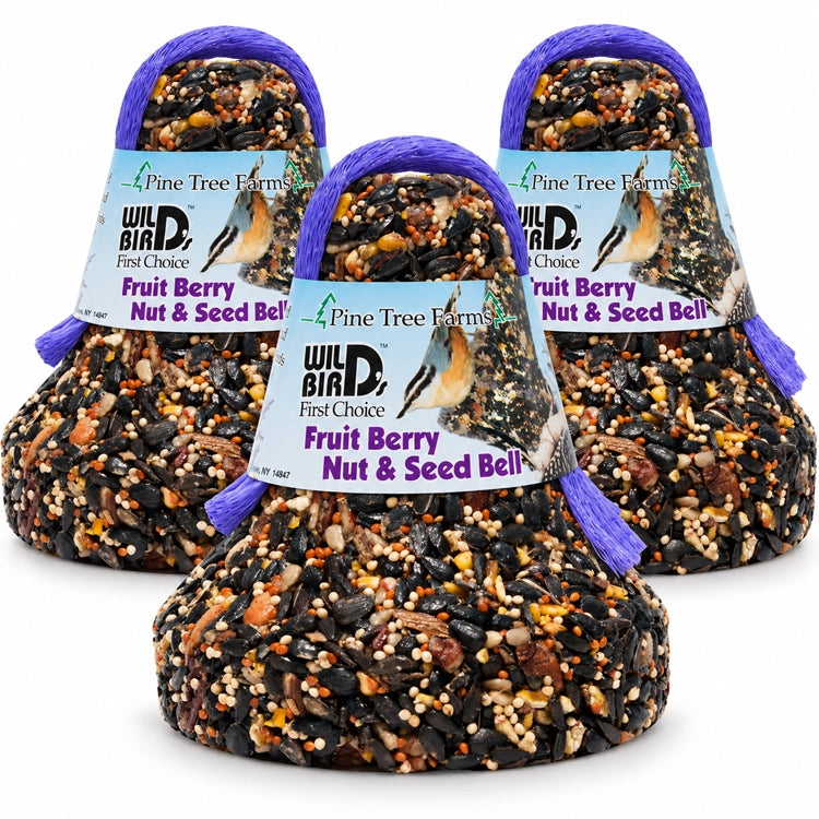 Three Pine Tree Farms Fruit Berry Nut & Seed Bells with pale blue labels and purple hanging loops on a white background.