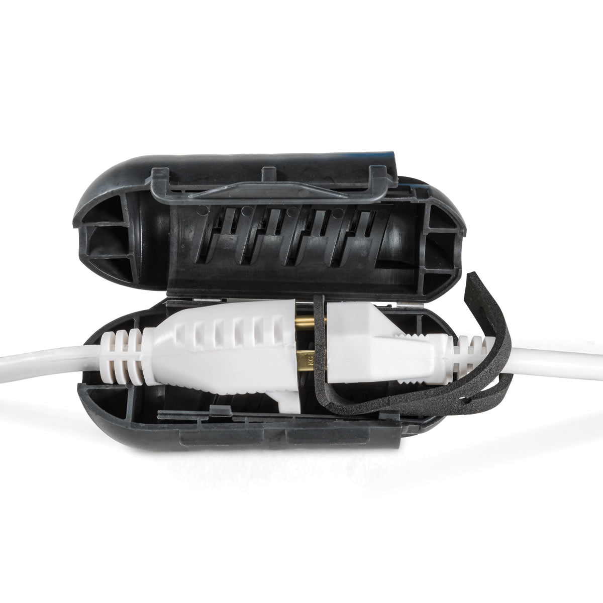 ClickShield™ Cord Lock showcases two connected power-cord ends encased in a black, gasket-sealed housing, ensuring waterproof protection for heated birdbath connections.