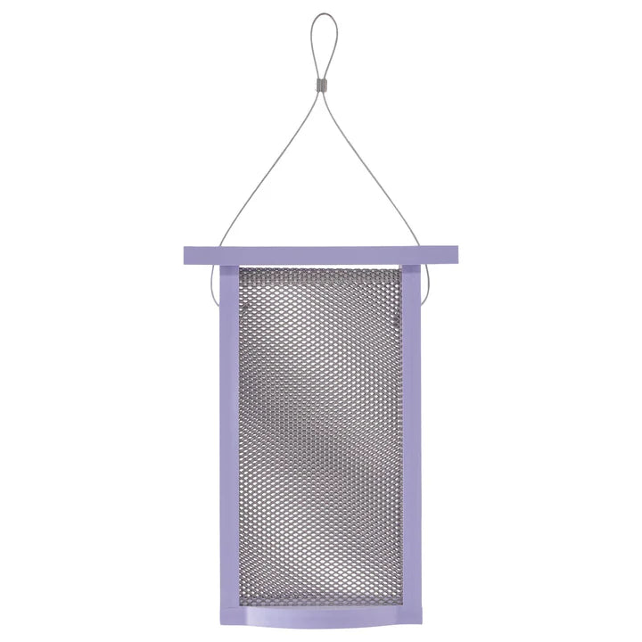 Tall Finch Feeder, Purple: A small, rectangular mesh bag with a wire loop, designed for finches to cling and feed, holds 1.2 lbs. of seed.