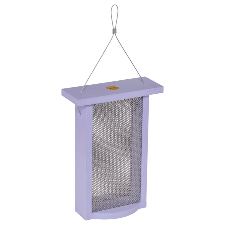 Tall Finch Feeder, Purple: A rectangular suet cage with metal mesh for seed, featuring a top wire loop for hanging, designed for finches.