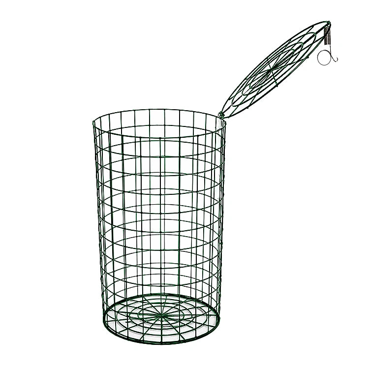 Wire bird feeder with a hook on a white background