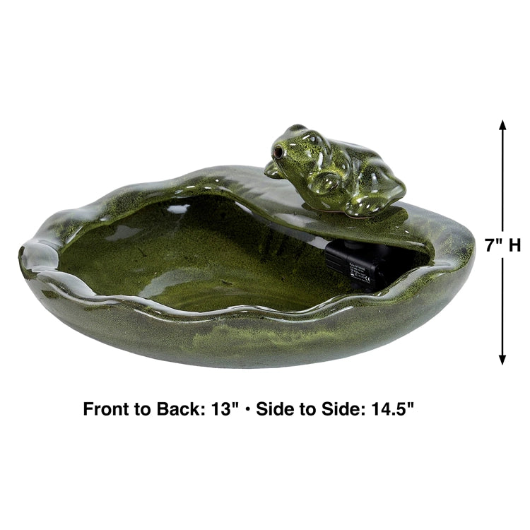 Ceramic Frog Solar Fountain featuring a green lily pad bowl with a frog figurine and integrated pump, designed for solar-powered water flow on patios or gardens.