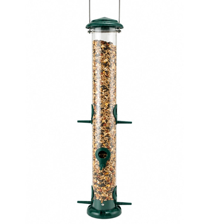 Green tube bird feeder filled with mixed seed, featuring multiple feeding ports and perches.