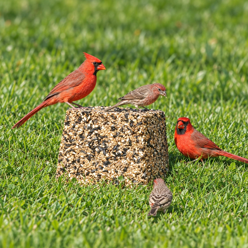 Duncraft Premium Jumbo Block on green grass, attracting various birds including a northern cardinal, ideal for ground feeding with fewer refills.
