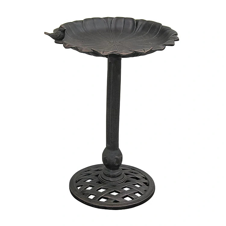 Black metal bird bath on a white background