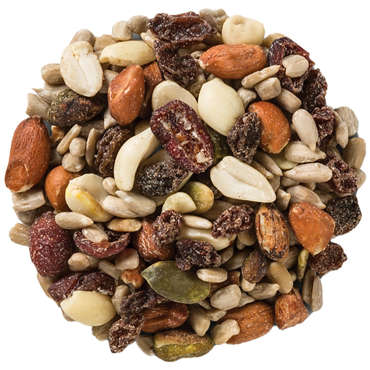 Round circle of wild bird seed that has fruit, nuts and seeds for wild birds. White background.