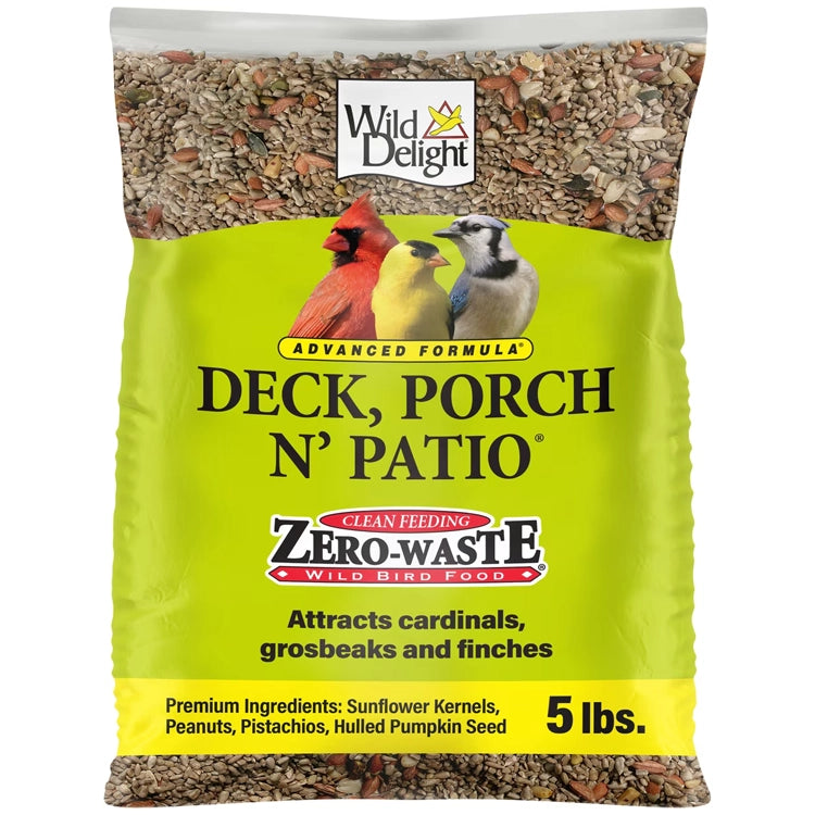 Wild Delight Deck, Porch N' Patio Wild Bird Seed, 5-lb bag with sunflower kernels, peanuts, pistachios, and hulled pumpkin seed for no-waste bird feeding in a 5 lb. bag.