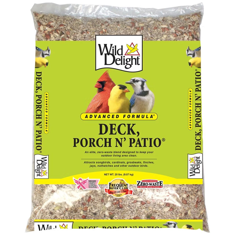 Wild Delight Deck, Porch N' Patio Wild Bird Seed, 20-lb bag, featuring a mix of sunflower kernels, peanuts, pistachios, and hulled pumpkin seeds for no-waste feeding in a bag.