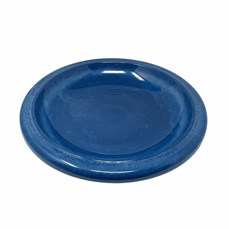 Azure blue fiber clay birdbath bowl, glossy finish, angled view