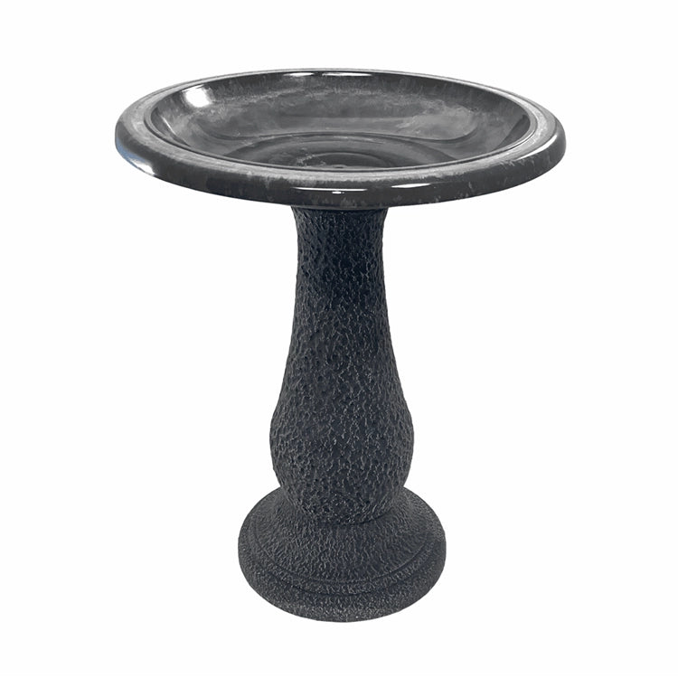 Cool Grey Fiber Clay Bird Bath with a pedestal, full-sized basin, and sloping design for easy bird viewing, stands 24 inches tall with 19-inch diameter on a white background.