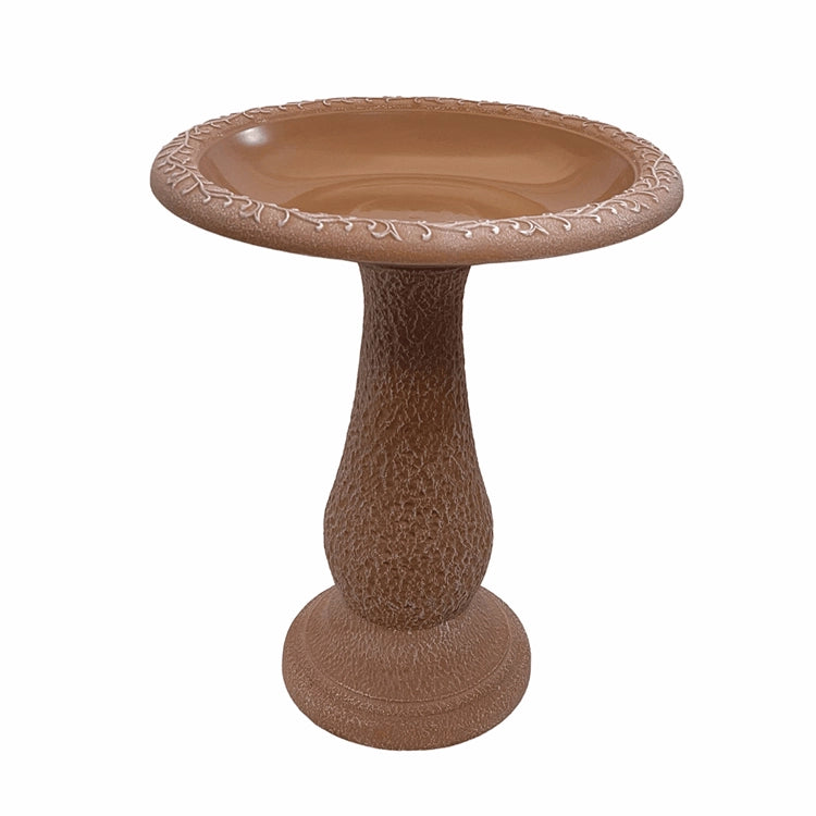 Terra cotta fiber clay birdbath with vine-etched rim and textured pedestal