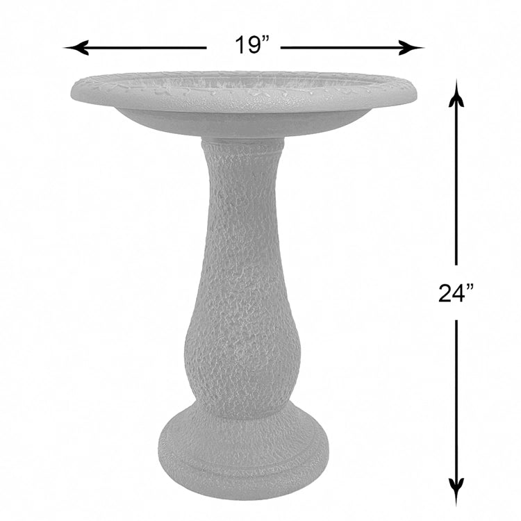 Terra cotta birdbath dimension diagram showing 19 inch basin and 24 inch height