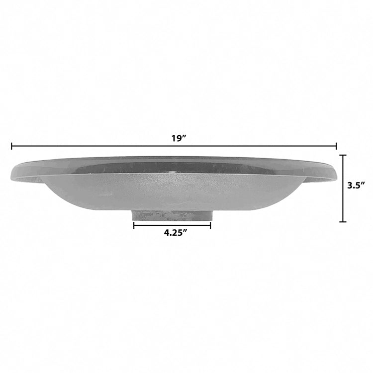 Fiber clay birdbath bowl side view, 19 inches wide and 3.5 inches deep