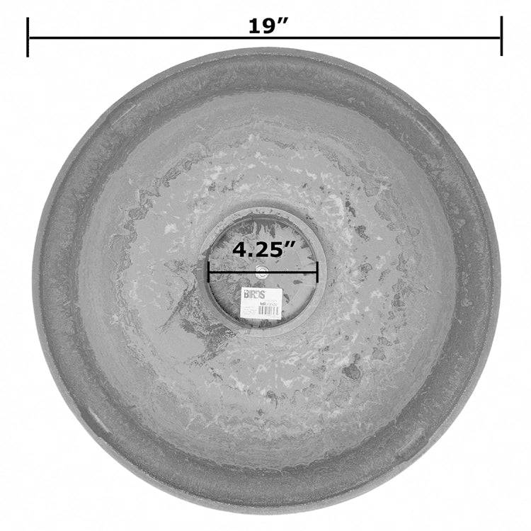 Fiber clay birdbath bowl top view showing 19 inch diameter and 4.25 inch base