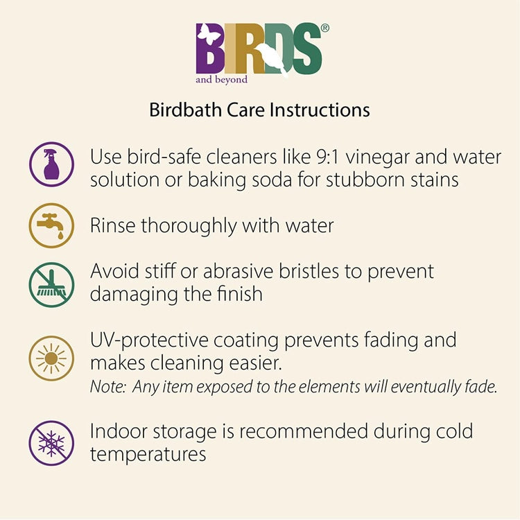 Fiber clay birdbath care instructions: cleaning, rinsing, and cold-weather storage tips