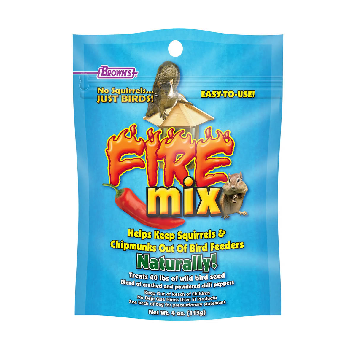 FIRE Mix 4-ounce pouch, a chili pepper powder blend, deters squirrels and chipmunks from bird seed, ensuring birds feed undisturbed. Easy to use.