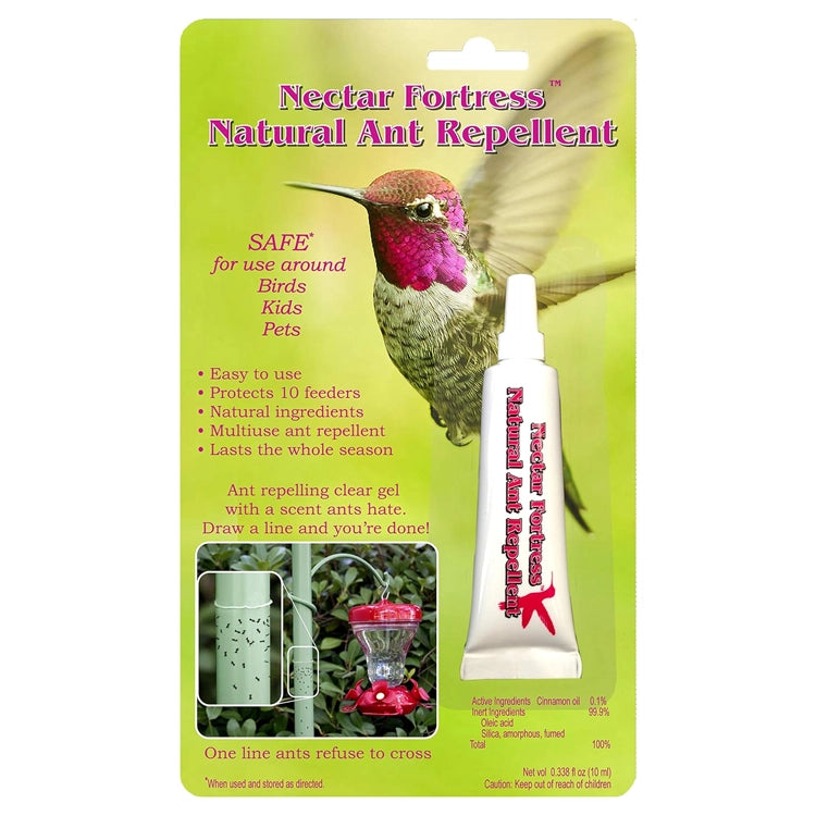 Nectar Fortress Natural Hummingbird Ant Repellent packaging shows a hummingbird, gel tube, and highlights its safe, non-toxic, season-long ant barrier for feeders.