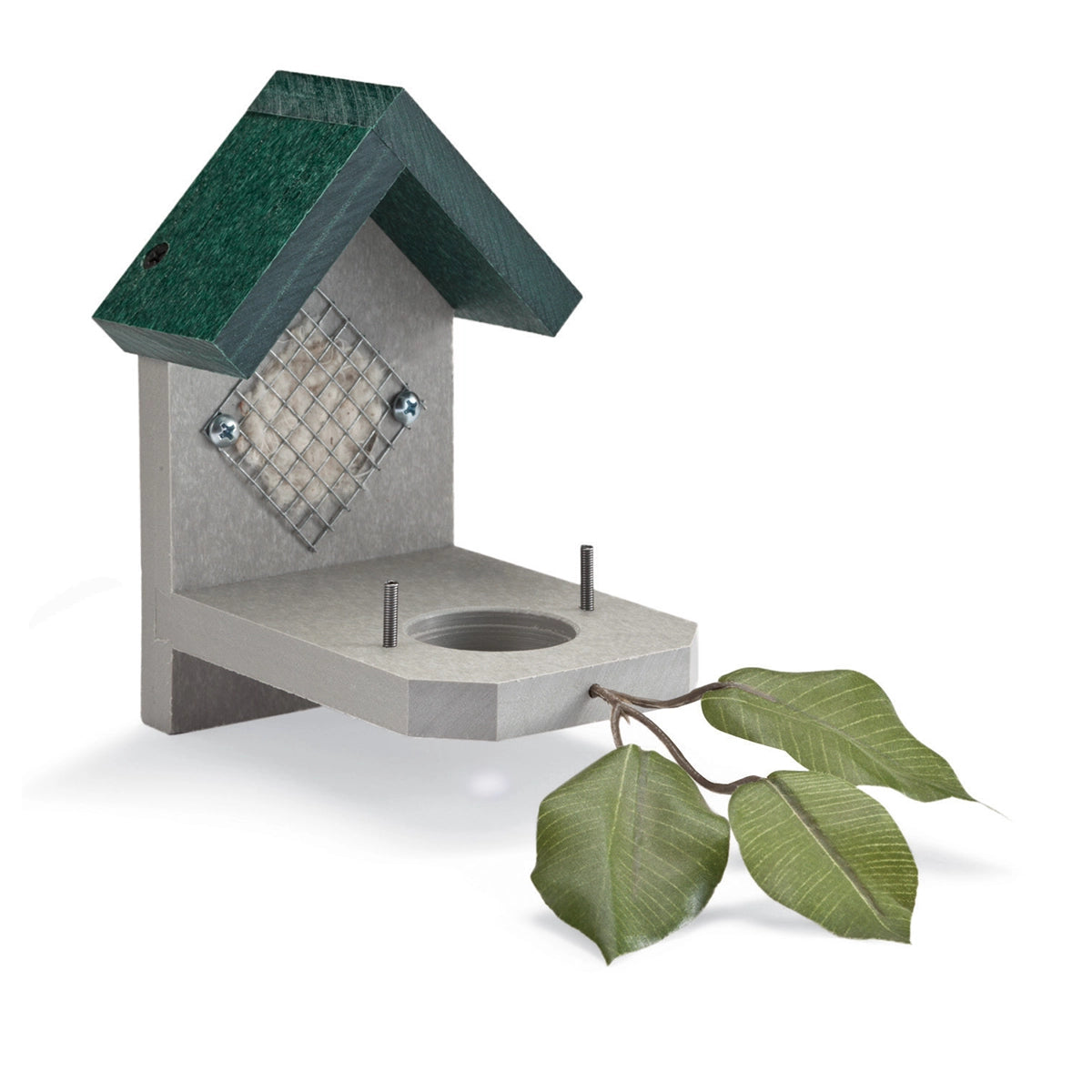 Duncraft Original Hummingbird Nester with slanted roof, wire mesh pocket with nesting material, flat platform for feeder, and a twig perch with leaves.