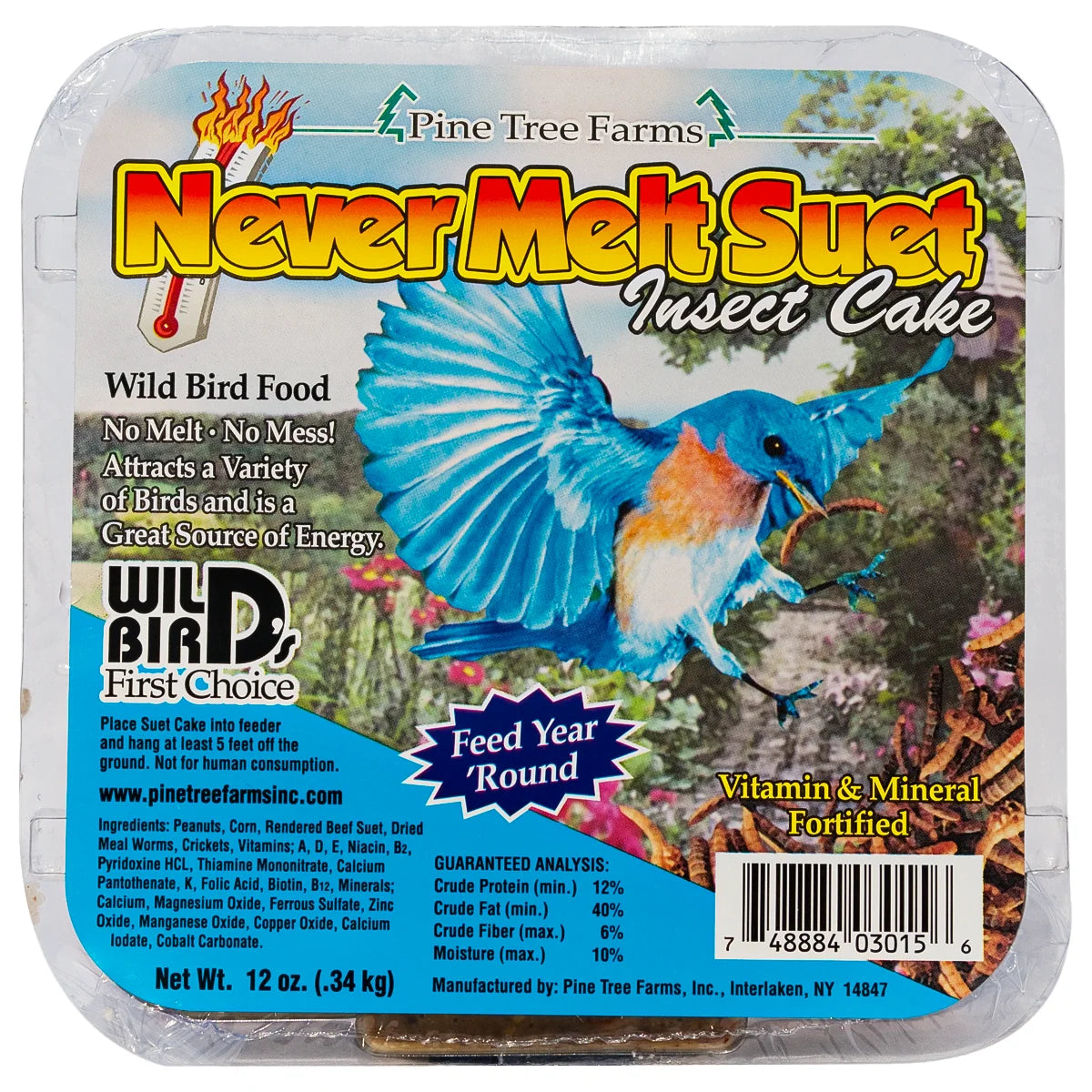 Never Melt Insect, 12 Cakes - Pine Tree Farms suet cakes for wild birds, fortified with vitamins and minerals, featuring peanuts, mealworms, and crickets. 12 oz each.