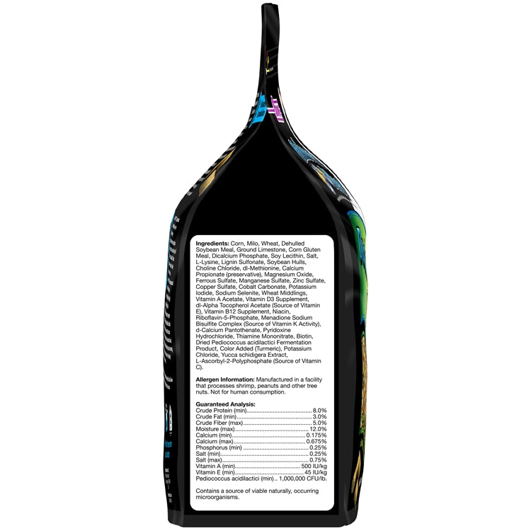 Side view of the Brown's Bird Lover's Blend® Duck & Goose Blend Seeds, 7-lb bag and the ingredients.