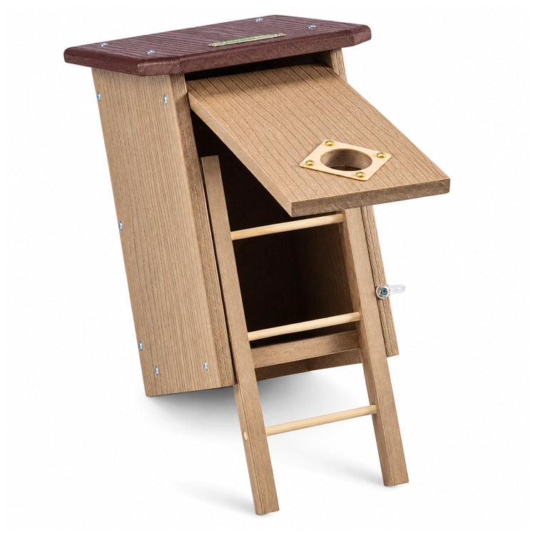 Duncraft Premium Eco-Strong Roost House with an open door, ladder for six birds, and metal-protected entry hole.