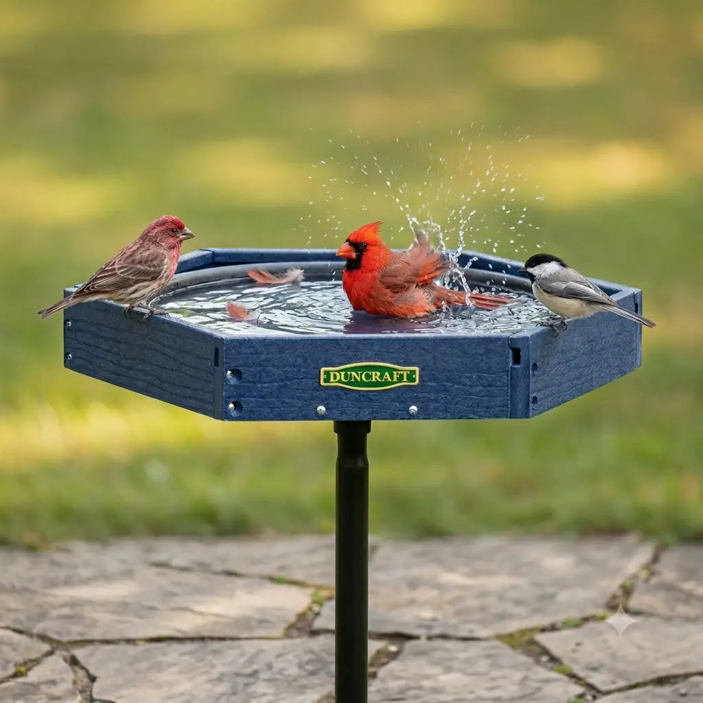 Blue pedestal bird bath with a hexagonal basin filled with water, attracting several songbirds. A bright red cardinal splashes in the water while a finch and chickadees perch along the rim against a soft green garden background.