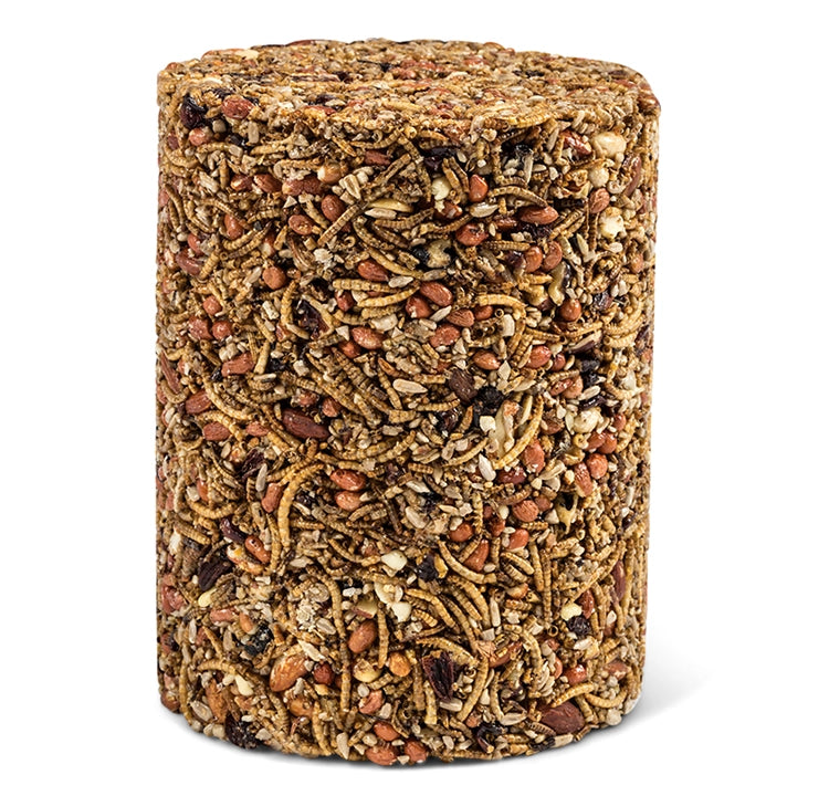 Mr. Bird Bugs, Nuts & Fruit Cylinder, Jumbo: A compressed cake of mealworms, peanuts, seeds, and grains, designed for outdoor bird feeding, bound with a natural binder.