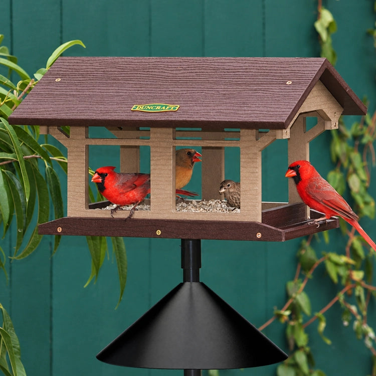 Duncraft Covered Bridge Feeder with Pole, Twister & Baffle, featuring birds feeding from all sides of the platform with built-in perches and drainage with Cardinals and other birds eating.
