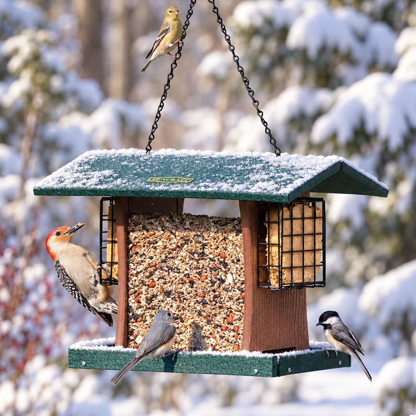 Duncraft Grandview 4-Sided Hopper with Suet Cages featuring mixed seeds, suet cakes, and three songbirds: woodpecker, titmouse, and chickadee, against a snowy background.