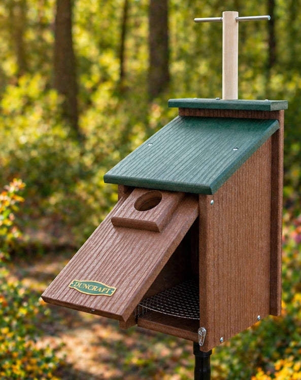 Duncraft Bird-Safe® Perch View Bluebird House & Pole with hinged front, wire-mesh floor, predator guard, and lookout perch, mounted on a pole in a wooded setting.