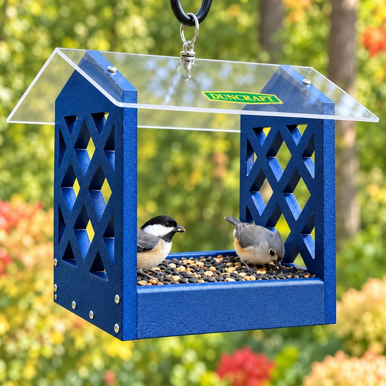 Duncraft Arbor Landing Platform Bird Feeder in blue featuring two backyard songbirds feeding on a metal mesh tray beneath a clear roof in a lush garden.