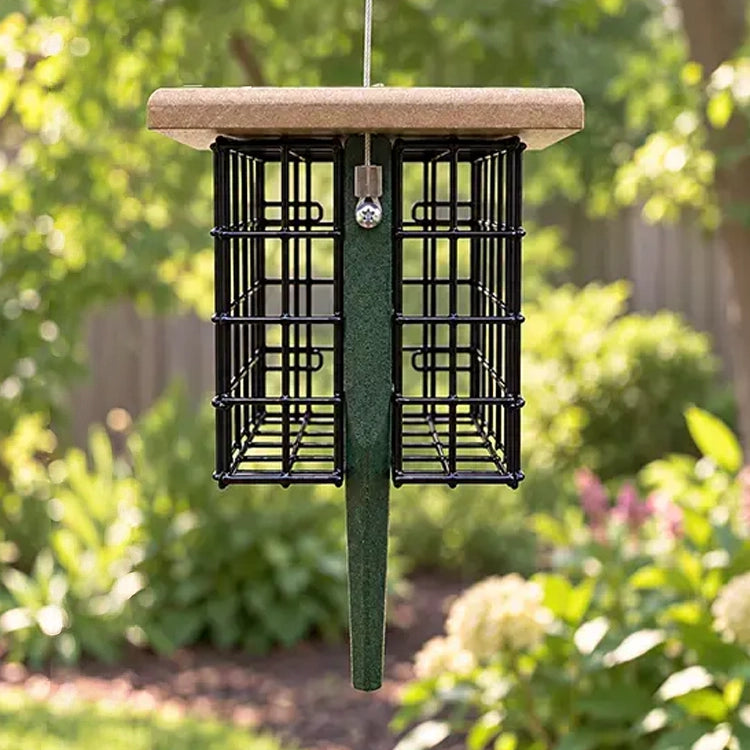 Side view of Duncraft recycled plastic suet feeder showing two black wire suet cages, green tail prop and tan roof.