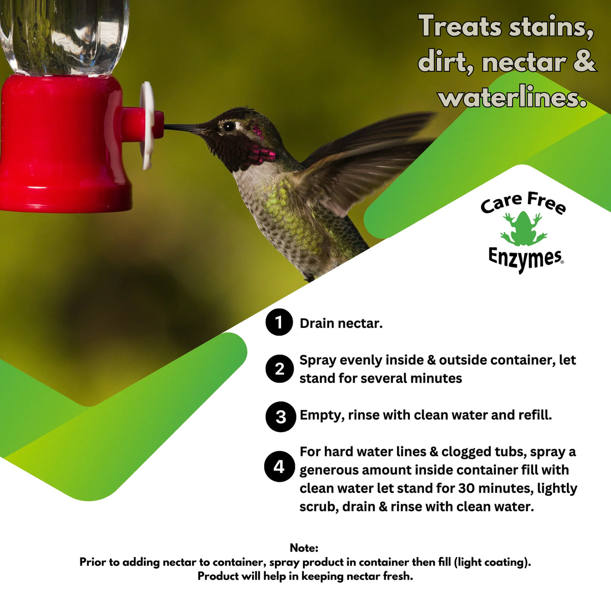 Hummingbird & Oriole Feeder Cleaner Spray instruction sheet showing a hummingbird at a feeder, cleaning steps, and a product description emphasizing its enzyme-based, residue-free cleaning benefits.
