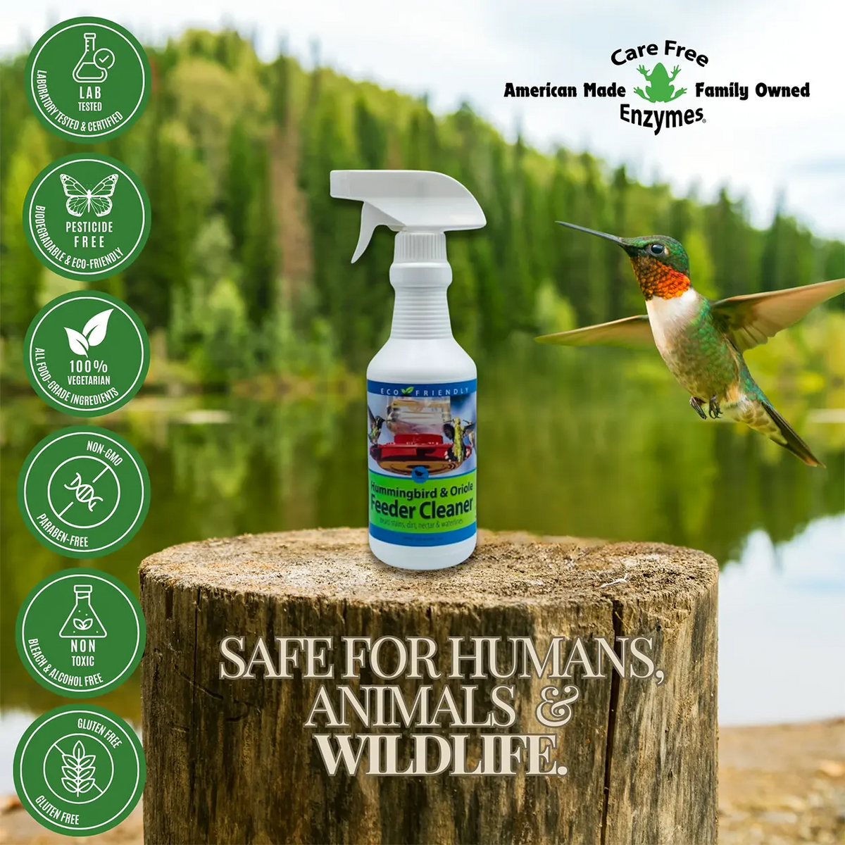 Hummingbird & Oriole Feeder Cleaner Spray in a white bottle, highlighted by eco-friendly icons, set against a natural backdrop with a hummingbird nearby.