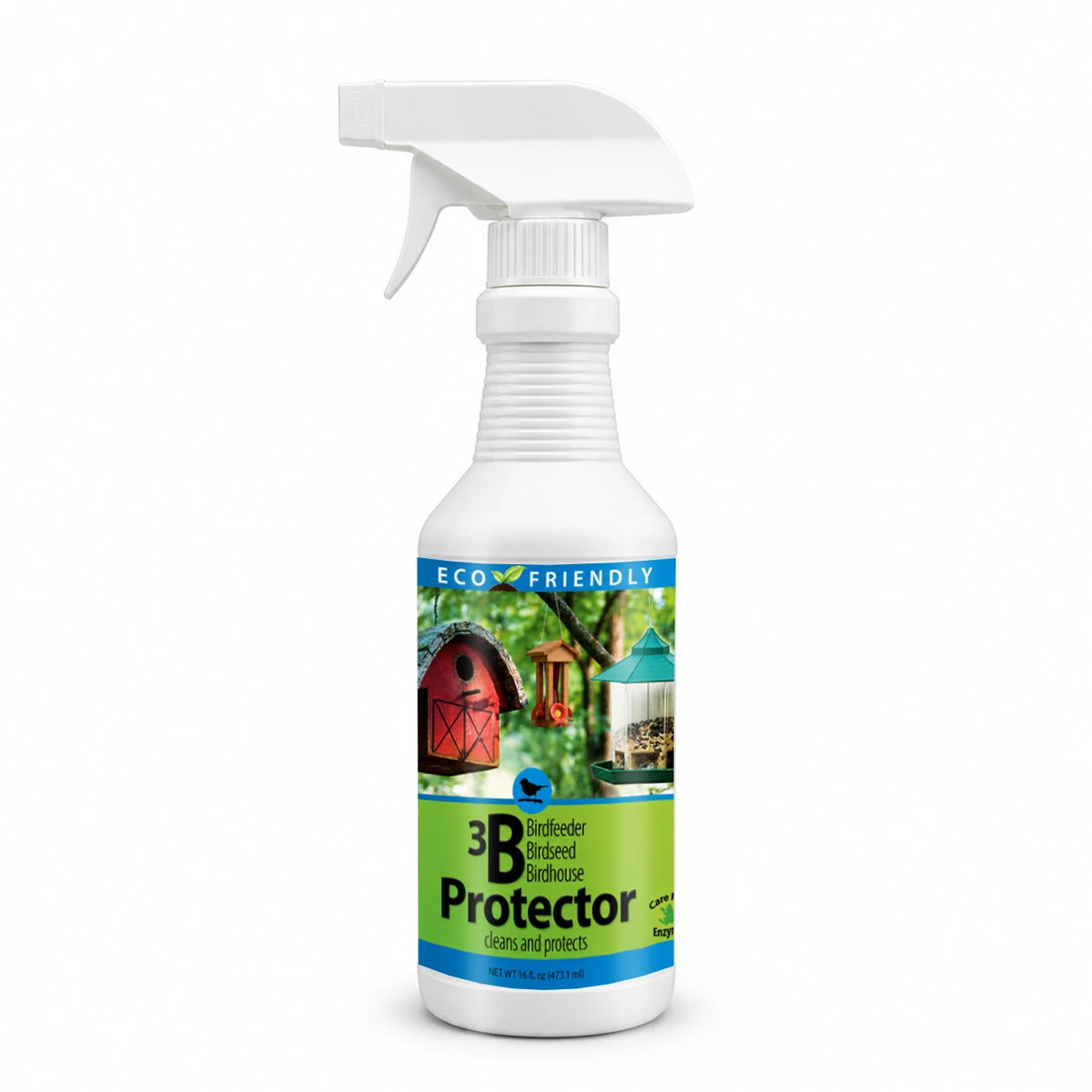 3B Protection Spray, 16 oz., eco-friendly cleaner for bird feeders and houses, features a white trigger sprayer and a green label with feeder images.