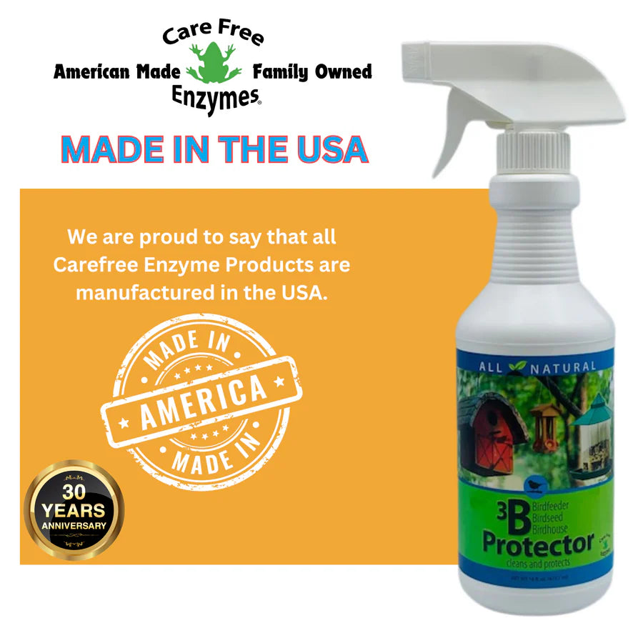 3B Protection Spray, 16 oz., for birdhouses and feeders. Non-toxic, all-natural cleaner; removes mites and mold. Celebrates 30 years, made in USA.