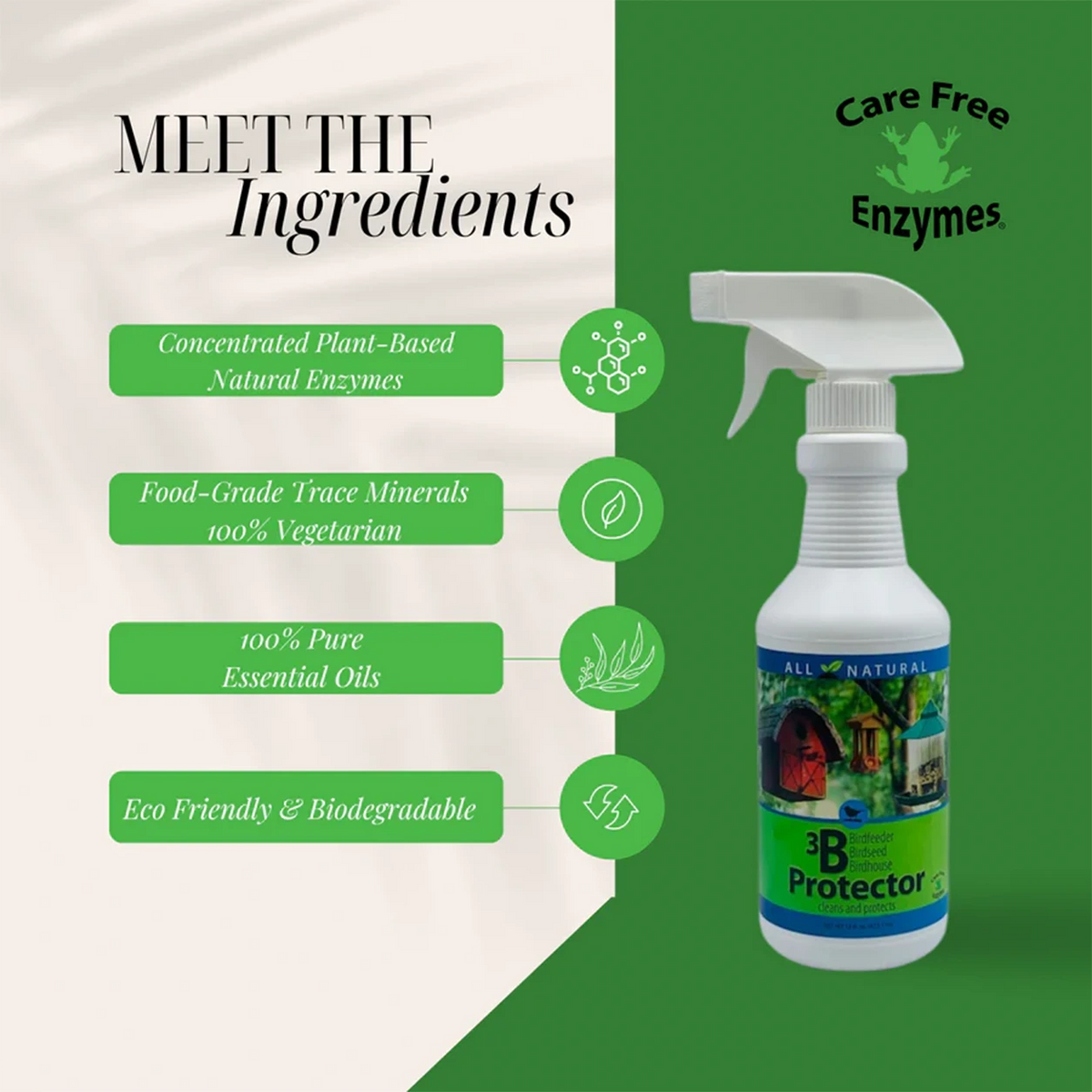 3B Protection Spray, 16 oz., shown with a white trigger bottle, highlights natural enzymes, essential oils, and eco-friendly benefits for cleaning bird feeders and houses.