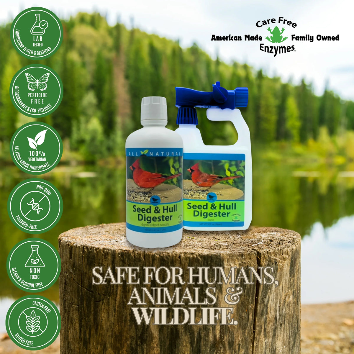 Two white bottles labeled Seed & Hull Digester on a tree stump, surrounded by eco-friendly icons, promoting a safe, all-natural bird feeder cleaning solution.