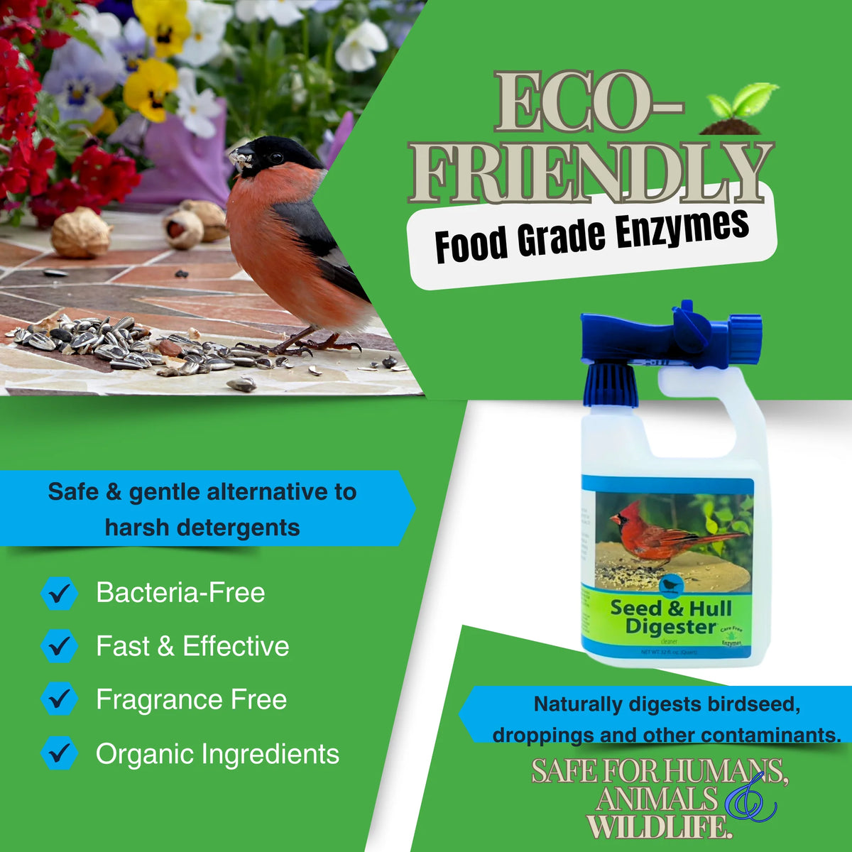 Seed & Hull Digester: Eco-friendly enzyme spray cleans birdseed hulls and droppings. Safe for birds, pets, wildlife. Organic, fragrance-free, bacteria-free. 32 oz bottle.