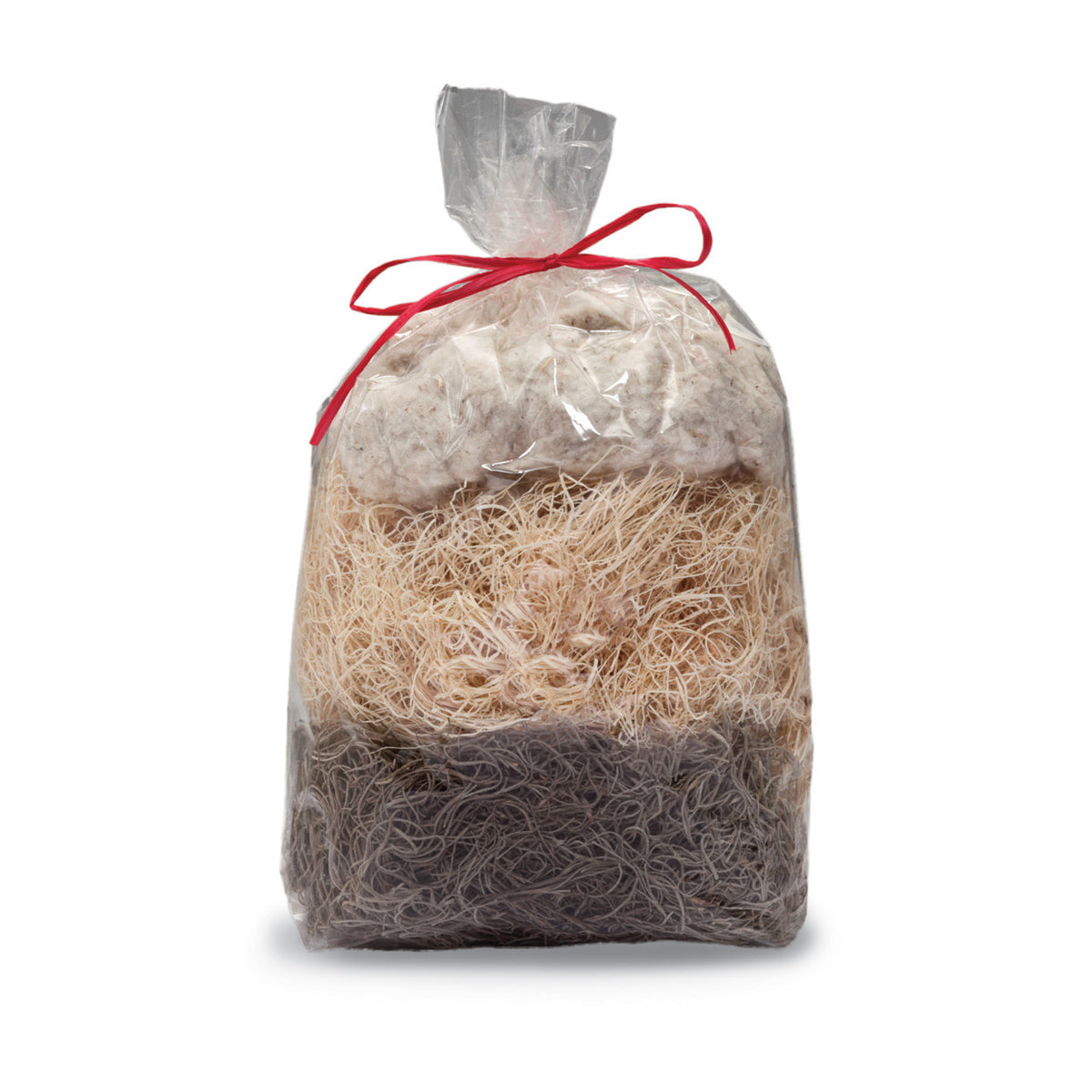 Woodland Treat Basket Refill: A clear cellophane bag with a red ribbon, containing three layers of natural nesting material for birds: cotton, aspen, and Spanish moss.