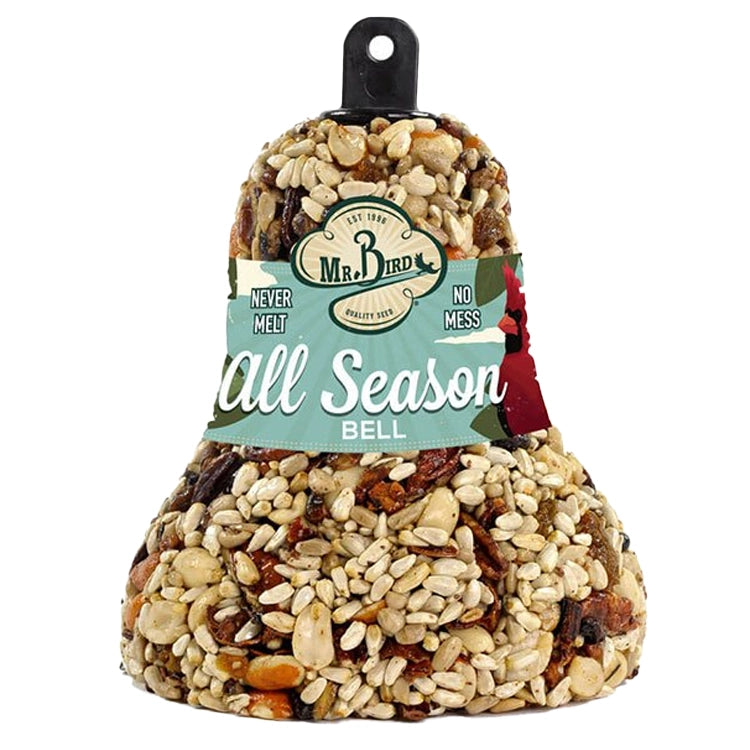 Mr. Bird Hearty Fruit & Nut Bell, a bell-shaped bird feeder made of seeds and nuts, features a built-in hanger for easy outdoor use.