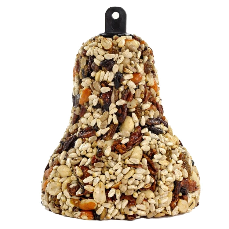 Mr. Bird Hearty Fruit & Nut Bell: A bell-shaped bird-feed block with seeds, nuts, and fruits, featuring a plastic hanger for easy outdoor suspension.